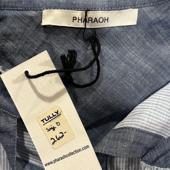 Pharaoh Top NWT 0 Chambray Blue Striped Button Up Japanese Boho Office Neutral - Picture 6 of 8
